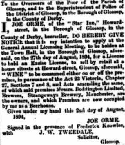 Joe Orme advert in Glossop-dale Chronicle and North Derbyshire Reporter 3 August 1894
